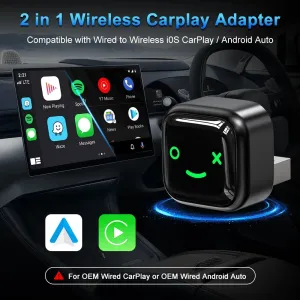 2 in 1 Wireless CarPlay Adapter Android Auto Bluetooth 5.0 Dual Band WiFi USB Connection Auto Connect OTA Update Plug and Play