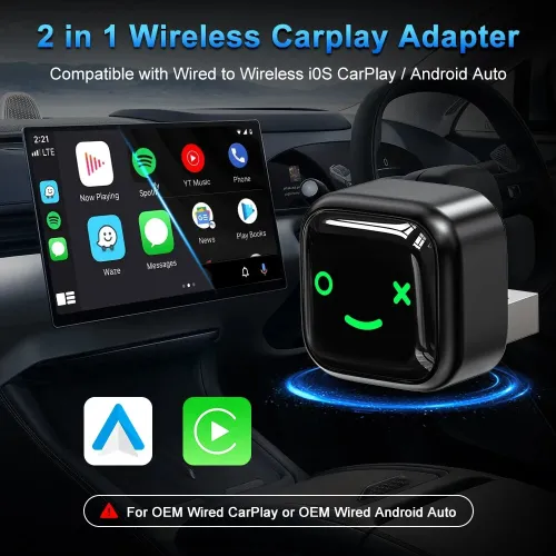 2 in 1 Wireless CarPlay Adapter Android Auto Bluetooth 5.0 Dual Band WiFi USB Connection Auto Connect OTA Update Plug and Play