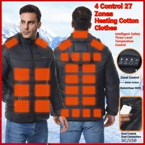 TENGOO 4 Control 27 Zone Smart Heating Cotton Jacket DC-USB Dual Interface Men's Warm Winter Coat Comfortable Heated Clothing(No Battery)