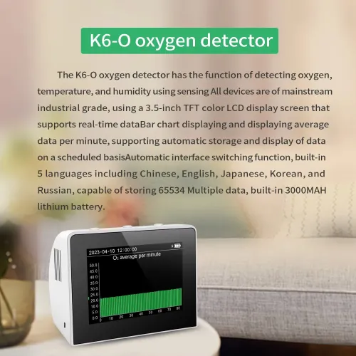 K6-O2 A8-O2 Oxygen Detector 3.5 Inch TFT LCD Screen Real-Time Monitoring 0-30 Percent VOL Industrial Grade Sensors Temperature Humidity Measurement Multilingual Interface Portable Lightweight Design