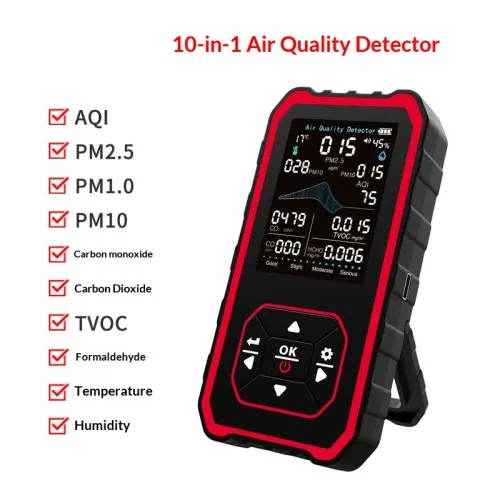 MT80 Air Quality Monitor 10-in-1 CO2 PM2.5 PM10 PM1.0 Formaldehyde TVOC Temperature Humidity Sensor Portable Rechargeable Type-C Compact Analyzer Accurate Measurements