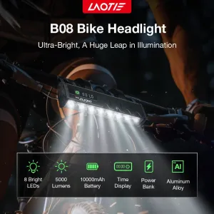LAOTIB06 B08 5000Lm Brightness Bike Headlight 8 LELarge Beads Dual Distance Beam Design 10000mAh Battery Phone Emergency Power Bank IPX5 Waterproof 4 Light Modes Fast Charge Bicycle Digital Display Front Light for Electric Bike Scooter MTB Bikes