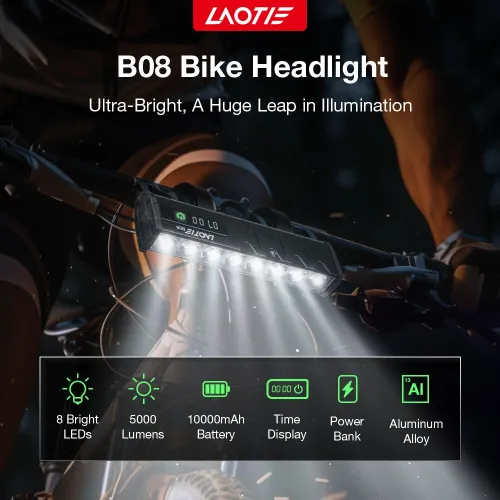 LAOTIB06 B08 5000Lm Brightness Bike Headlight 8 LELarge Beads Dual Distance Beam Design 10000mAh Battery Phone Emergency Power Bank IPX5 Waterproof 4 Light Modes Fast Charge Bicycle Digital Display Front Light for Electric Bike Scooter MTB Bikes