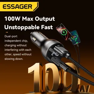 ESSAGER ES-CC17 100W 2-Port USB PD Car Charger Adapter with USB-A+Type-C PD3.0 QC3.0 AFC FCP SCP PPS VOOC Fast Charging with LED Digital Display for iPhone 16 16 Pro 15 14 13 Pro Max for Samsung Galaxy Z Flip6 for Xiaomi 15pro