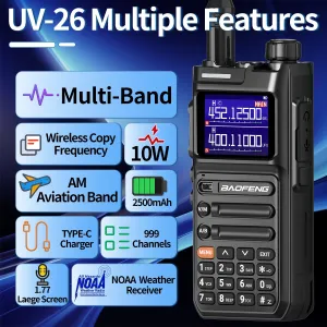 Baofeng UV-26 10W High Power Walkie Talkie Handheld Two Way Radio Long Range Multi Band NOAA Weather Alert 999 Channels Rechargeable Battery Type-C Charging Wireless Frequency Copy Transceiver Radio