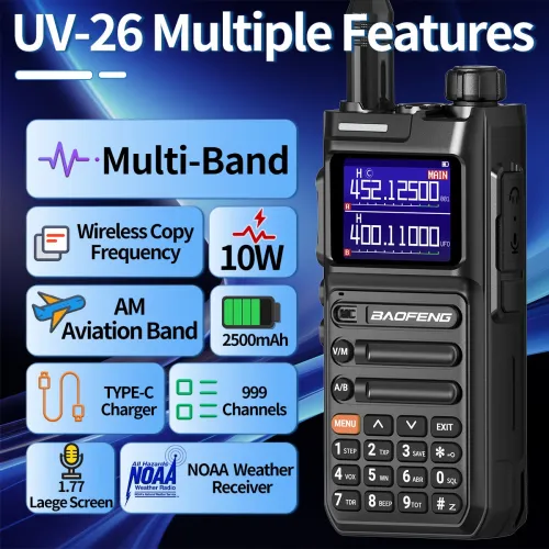 Baofeng UV-26 10W High Power Walkie Talkie Handheld Two Way Radio Long Range Multi Band NOAA Weather Alert 999 Channels Rechargeable Battery Type-C Charging Wireless Frequency Copy Transceiver Radio