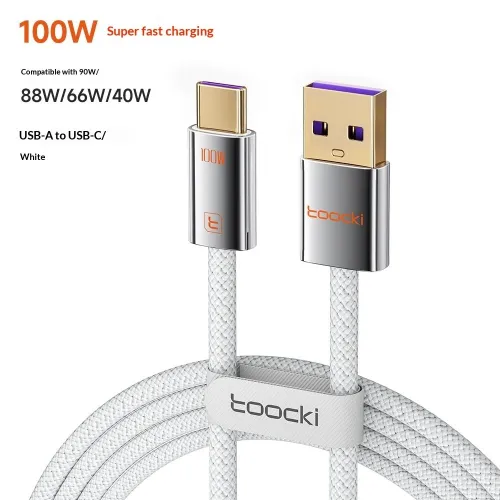 Toocki TX110A2 100W USB-A to Type-C Cable QC3.0 Fast Charging Data Transmission Thickened Tinned Copper Core Line 1M/2M Long for iPhone 17 17Pro Max 16 15 for Xiaomi 17pro for Samsung Galaxy S25 Ultra for OPPO Reno9