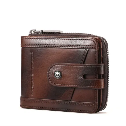 BULLCAPTAIN Genuine Leather Bifold Men Zipper Wallet RFID Blocking Mutil Card Holder Coin Purse Small Cash Clip