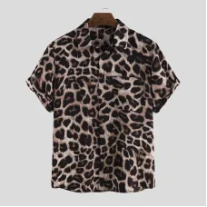OUTDOOSummer Leopard Print Shirts Fashion Men Short Sleeve Lapel Shirt Casual Floral Blouse Men Hawaiian Beach Tops