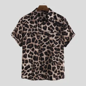 OUTDOOSummer Leopard Print Shirts Fashion Men Short Sleeve Lapel Shirt Casual Floral Blouse Men Hawaiian Beach Tops