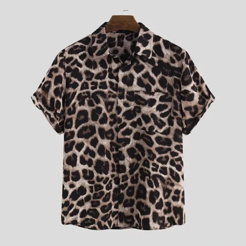 OUTDOOSummer Leopard Print Shirts Fashion Men Short Sleeve Lapel Shirt Casual Floral Blouse Men Hawaiian Beach Tops