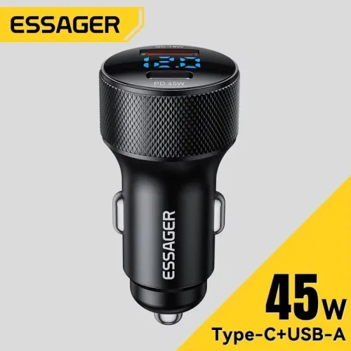 ESSAGER ES-CC21 45W 2-Port USB PD Car Charger Adapter USB-A+Type-C PD3.0 QC3.0 Support FCP AFC iP2.4 Fast Charging with Blue LED for iPhone 16 16 Pro 15 14 13 Pro Max for Huawei Pura 80 Ultra for Xiaomi for SAMSUNG