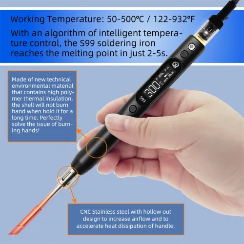 SEQURE S99 Soldering Iron Support PD|QC|DC|PPS Power Supply Compatible with C245 Tip for Drone RC Model Welding Repair Tool Anti-static Welding Pen