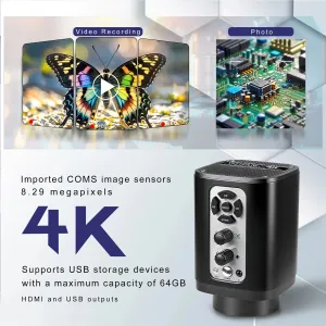 XHU6001 4K Digital Microscope for HDMI Camera 160X  Sony IMX415 Sensor Magnification USB Output High Brightness Adjustable Light Source Long Working Distance Plug and Play Photography Video Recording