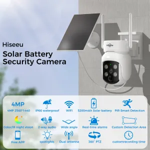 Hiseeu WTD904D 4MP Pixels Solar Powered Wireless WIFI IP Camera with Color Night Vision PIR Motion Alerts 5200mAh Battery Low power consumption IP66 Waterproof Security Camera