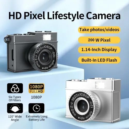 Retro Mini Digital Camera 200W Pixel 1080P HD Video 1.14 Inch Screen 120 Wide Angle Lens Vintage Style Portable Shooting Cam for Travel Vlogging