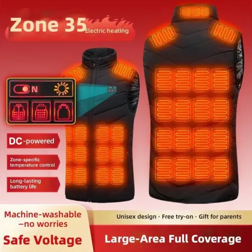 TENGOO 35 Zones Black Electric Heated Vest for Men Women 5-control DCharging Unisex Washable Outdoors Winter Warm Heating Clothing