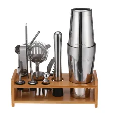 Stainless Steel 22oz Cocktail Shaker Set with Wood Stand - 16 Piece Bartender Kit with Drink Shaker, Bar Spoon, Jigger, Muddler, Strainer, Bottle Opener, Stopper, Pour Spout, Stirrers, Tongs, Recipes