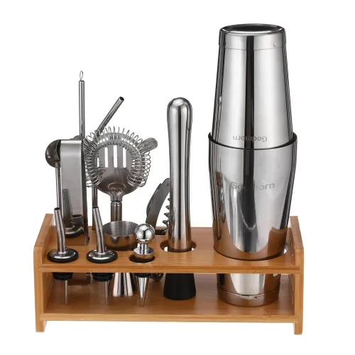 Stainless Steel 22oz Cocktail Shaker Set with Wood Stand - 16 Piece Bartender Kit with Drink Shaker, Bar Spoon, Jigger, Muddler, Strainer, Bottle Opener, Stopper, Pour Spout, Stirrers, Tongs, Recipes