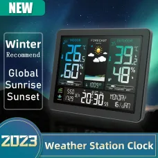 Digital Weather Station Alarm Clock Wireless Indoor Outdoor Thermometer with Atomic Clock Forecast Station with Calendar and Adjustable Backlight
