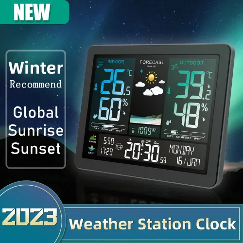 Digital Weather Station Alarm Clock Wireless Indoor Outdoor Thermometer with Atomic Clock Forecast Station with Calendar and Adjustable Backlight