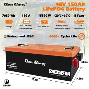 UDirect Cloudenergy 48V 150Ah LiFePO4 Deep Cycle Battery Pack for Golf Cart 7680Wh 15360W Energy Built-in 300A BM6000+ Cycles Life for RV, Marine,Golf Cart, Most of Out-Door Power Applications CL48-150G