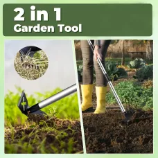 60 Inch Long Handle Weed Puller Tool 2 in 1 Garden Hoe and Rake Stainless Steel Manual Weeder Remover Heavy Duty Cast Steel Gardening Tool Yard Lawn Patio Garden