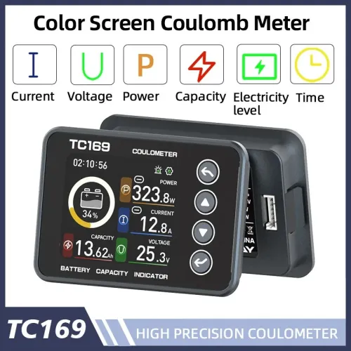 TC169 Battery Tester DC6-60V 30A/75A Color Screen Coulomb Counter High Precision Voltage Capacity Indicator Ammeter Voltmeter