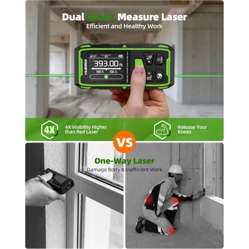Huepar Dual Green Beam Laser Distance Meter Bidirectional Measuring Tool 393Ft 656Ft Rechargeable Backlit LCD 9 Modes Electronic Angle Sensor Accurate Measurement