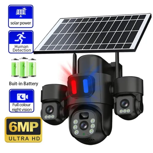 Three Lens 6MP HD Solar Powered Security Camera 5X Zoom PTZ Color Night Vision Red Blue Alarm Wireless WiFi Outdoor AI Human Detection Weatherproof Camera