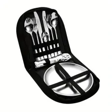 IPRee 11pcs Stainless Steel Flatware Set for Camping, Hiking & Outdoor Dining - Polished Finish Portable Cutlery Kit with Plates, Spoons, Forks, Travel Utensil Set for Picnics & Backpacking