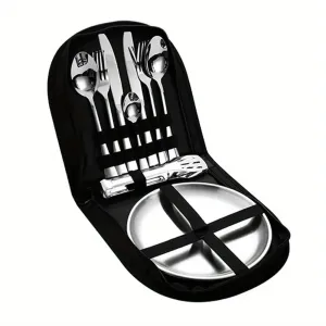 IPRee 11pcs Stainless Steel Flatware Set for Camping, Hiking & Outdoor Dining - Polished Finish Portable Cutlery Kit with Plates, Spoons, Forks, Travel Utensil Set for Picnics & Backpacking