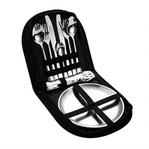 IPRee 11pcs Stainless Steel Flatware Set for Camping, Hiking & Outdoor Dining - Polished Finish Portable Cutlery Kit with Plates, Spoons, Forks, Travel Utensil Set for Picnics & Backpacking