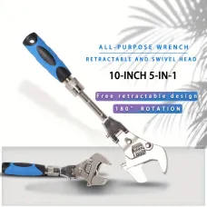 10-Inch 5-in-1 Adjustable Telescopic Ratchet Wrench Multi-Function Tool Retractable Handle 180 Swivel Head Stainless Steel