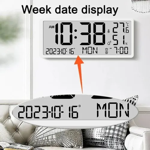 Large LCD Digital Wall Clock Temperature Humidity Display Alarm Clock Hanging/Desktop Digital Clock Plugged in Electronic Desktop Clock for Home and Offices