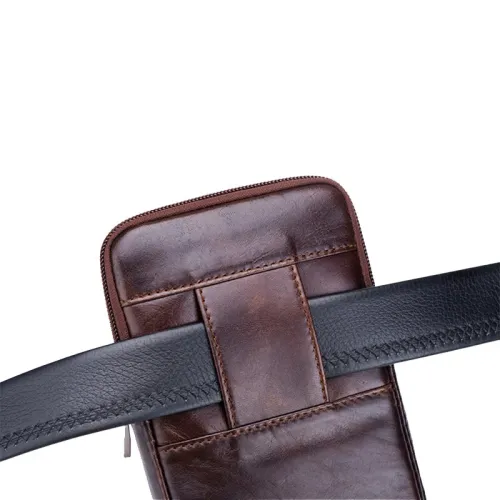 BULLCAPTAIN Men's Leather Belt Waist Bag Travel Small Fanny Pack Phone Pouch Multifunctional Male Waist Bag Leather Pouch