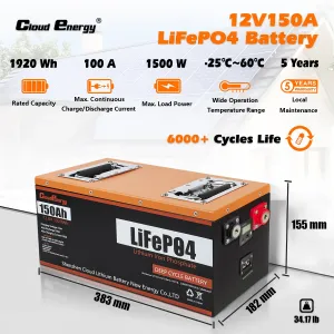 UDirect Cloudenergy 12V 150Ah LiFePO4 Deep Cycle Battery 1920Wh 1280W Built-in 100A BMPerfect for RV Solar Marine Perfect Replace Most of Backup Power and Off Grid Applications CL12-150