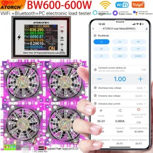 ATORCH BW600 Electronic Load Tester 600W 200V 50A Bluetooth Control Adjustable Power DC Tester Color Display Heat Management Modular Fans
