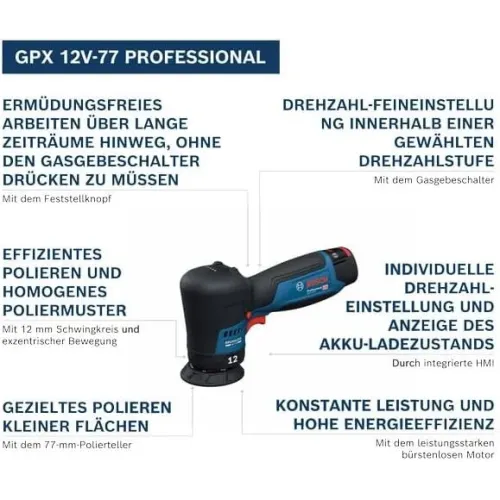 GPX 12V-77 Cordless Random Orbital Sander 12V Brushless Motor 77mm Sanding Disc Professional Sanding Tool Woodworking Auto Refinishing