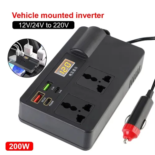 DC 12V/24V to AC 220V Converter Car Inverter 200W Voltage Detection QC 3.0 Power Adapter USB/PD/Type-C Chargers ON/OFF Switch