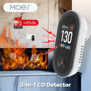MOES  3-in-1 Plug-in CO Detector Display with Temperature & Humidity Sensor Built-in Alarm Sound Warning for Home Security Plug and Play