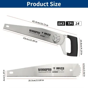 Hand Saw 16 Inch SK5 Steel Blade Adjustable Cutting Angle 14 TPI Sharp Trim Saw for Wood Drywall Plastic Gardening