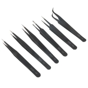 6PCS ESD10-15MM Stainless Steel Tweezers Industrial Curved Straight Repair Tools Tweezers