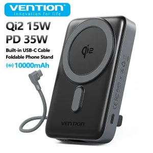 Vention FKH 35W 38.5Wh 10000mAh Magnetic Wireless Power Bank Come with Type-C Cable External Battery Power Supply with 2 Input & 3 Outputs Fast Charging with Phone Stand for iPhone 17 17Pro Max 16 15 14 13 for Xiaomi 17pro for SAMSUNG for OPPO for VIV