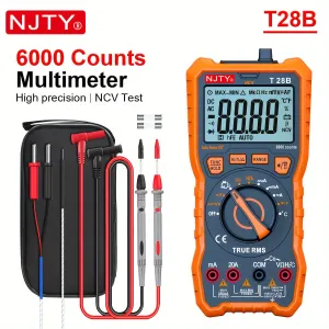 NJTY T28B TRMS Digital Multimeter 6000 Counts True RMS 20A Input AC DC Voltage Current Resistance Temperature Continuity Capacitance Measurement Battery Powered Non Slip