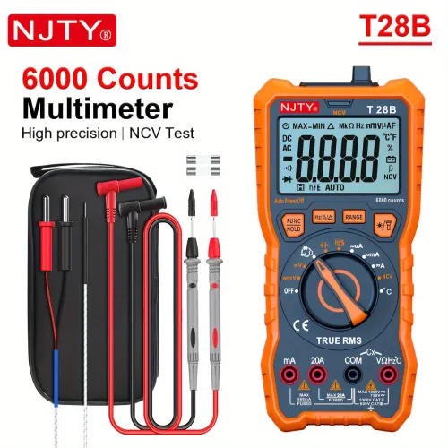 NJTY T28B TRMS Digital Multimeter 6000 Counts True RMS 20A Input AC DC Voltage Current Resistance Temperature Continuity Capacitance Measurement Battery Powered Non Slip