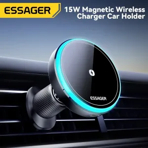 ESSAGER Magnetic Wireless Charger Car Holder RGB Color Lighting 360 Free Rotation 15W Fast Charge Suitable For Dashboard Air Outlets 4.5-7 inch Mobile Devices