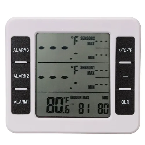 High Accuracy 433MHz Thermometer with Smart Alarm Function Indoor and Outdoor Temperature Range LCD Display Energy Efficient Multiple Installation Options Includes Host and 2 Sensors