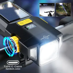 BIKIGHSolar Rechargeable Zoomable Bicycle Headlight 1600mAH Anti-glare Red Warning Lamp Type-Charging Bike Front Light for Night Riding Safety