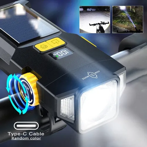 BIKIGHSolar Rechargeable Zoomable Bicycle Headlight 1600mAH Anti-glare Red Warning Lamp Type-Charging Bike Front Light for Night Riding Safety